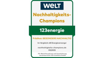 123energie wird als Nachhaltigkeits-Champion in der Branche „Energieversorger" mit dem Prädikat BESONDERS NACHHALTIG ausgezeichnet. 123energie wird als Nachhaltigkeits-Champion in der Branche „Energieversorger" mit dem Prädikat BESONDERS NACHHALTIG ausgezeichnet.